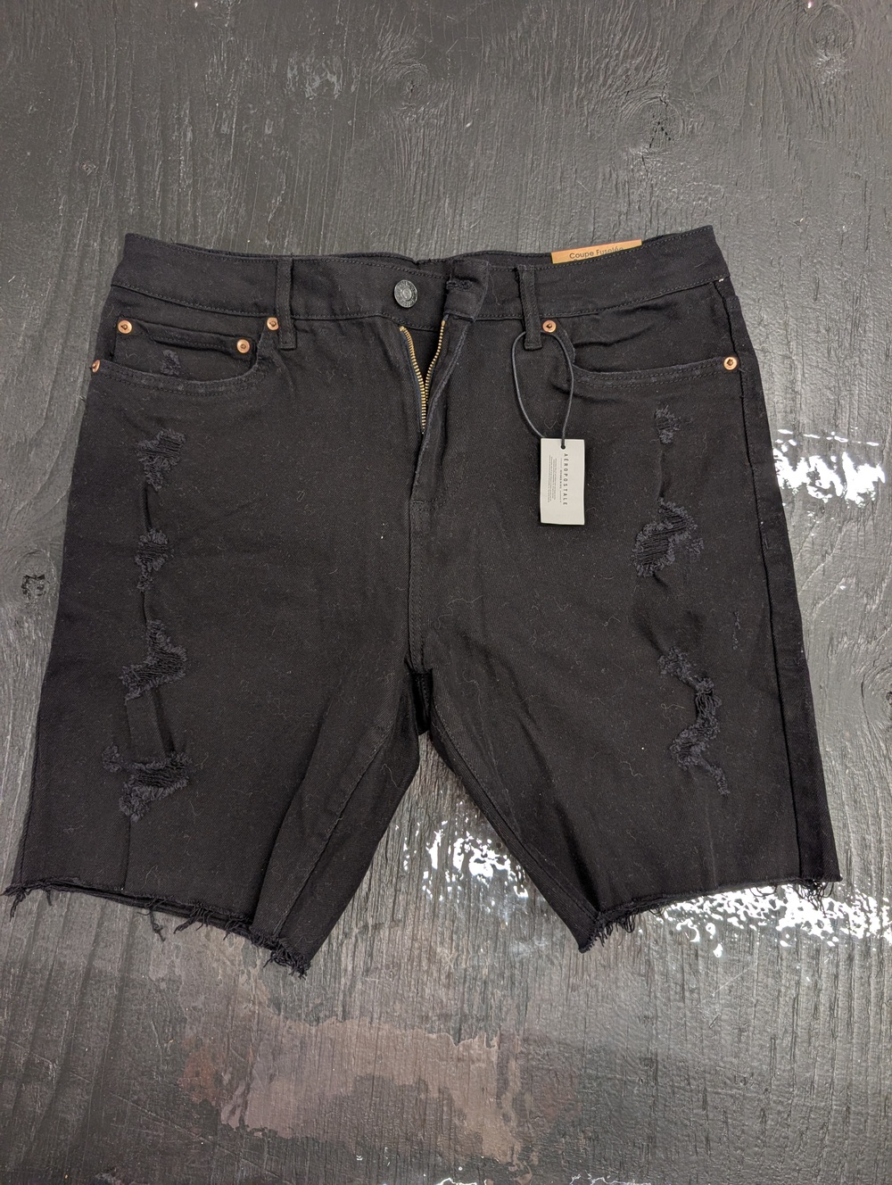 Aero Black Distressed Denim Shorts, Size 34, Like New